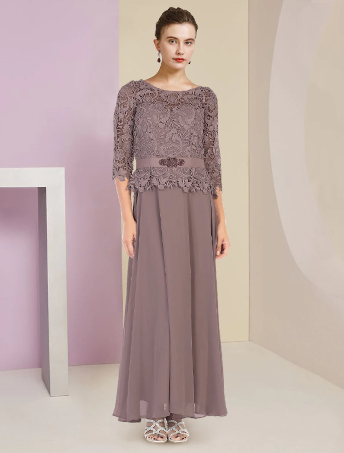 Wholesale  Two Piece A-Line Mother of the Bride Dress Formal Wedding Guest Elegant Scoop Neck Floor Length Chiffon Lace 3/4 Length Sleeve Wrap Included with Appliques Crystal Brooch